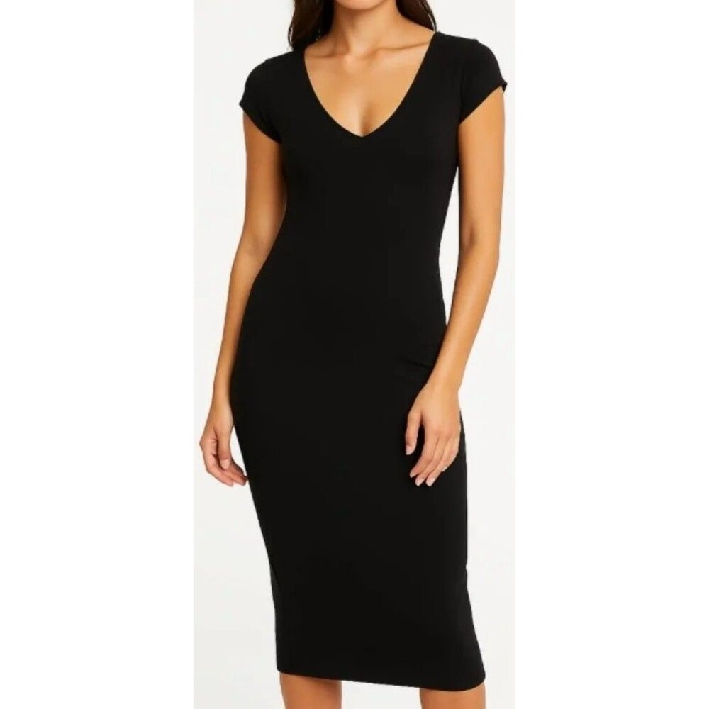 See You Monday Bodycon Midi Dress Black Stretch Cap Sleeve Lined Women's Sz L
